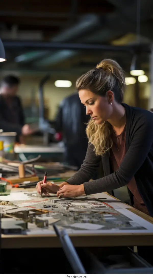 Female Engineer Working on Blueprint