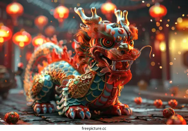 A Golden Chinese Dragon with Red Lanterns in the Background