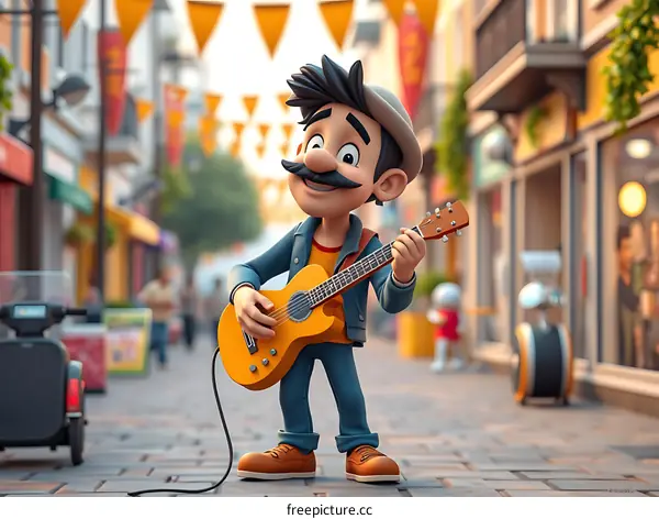 Cartoon Man Playing Guitar on Street