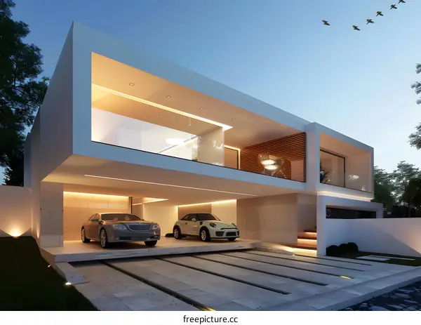 Modern Architecture Home with Cars in Garage
