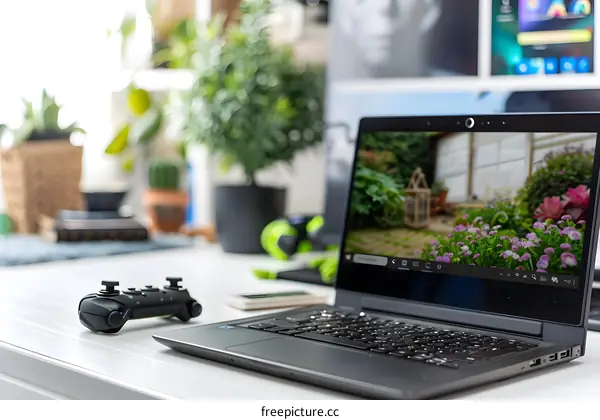 Laptop Computer With Game Controller On White Desk In Home Office