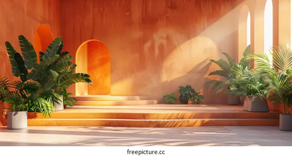 Warm Sunlight in a Terracotta-Colored Architectural Space