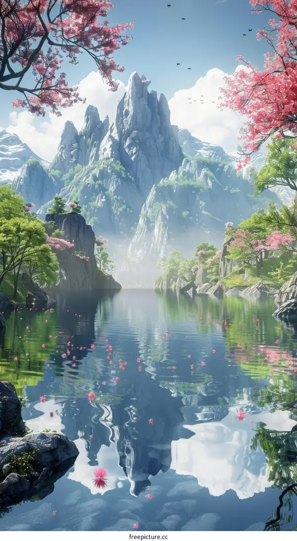 Mountain Lake in a Valley with Cherry Blossoms