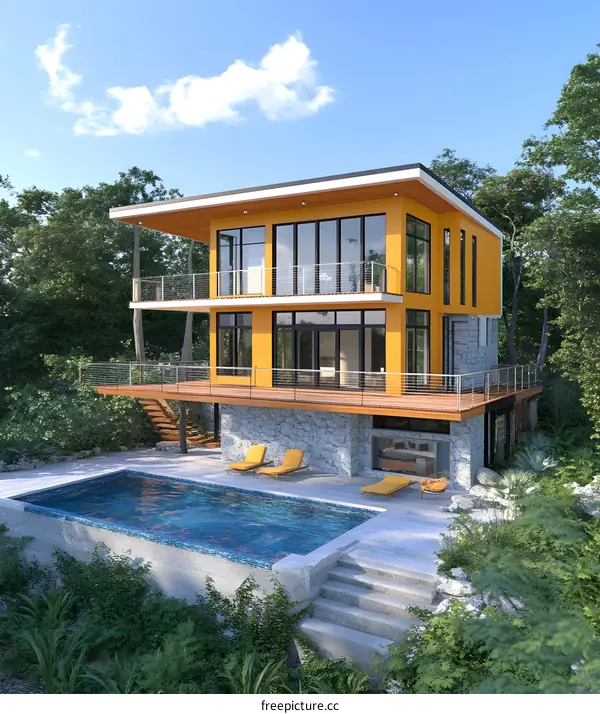Modern Yellow House with Swimming Pool and Forest View