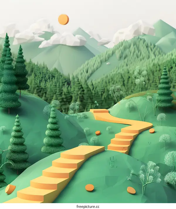 Low Poly Green Hills with Stairs and a Forest in the Background
