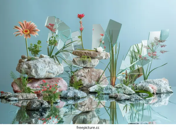 Still life with flowers and rocks on a reflective surface