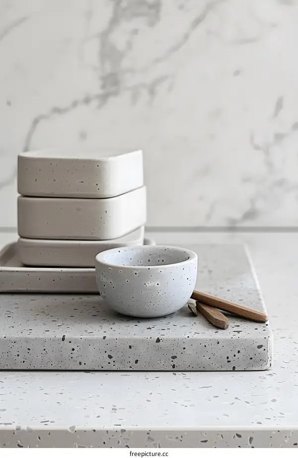 Grey Concrete Dishes On A Marble Background