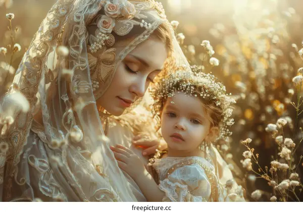 Mother and Daughter in a  Vintage  Floral  Embrace