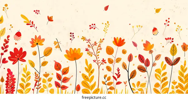 Autumn Leaves And Flowers Watercolor Illustration