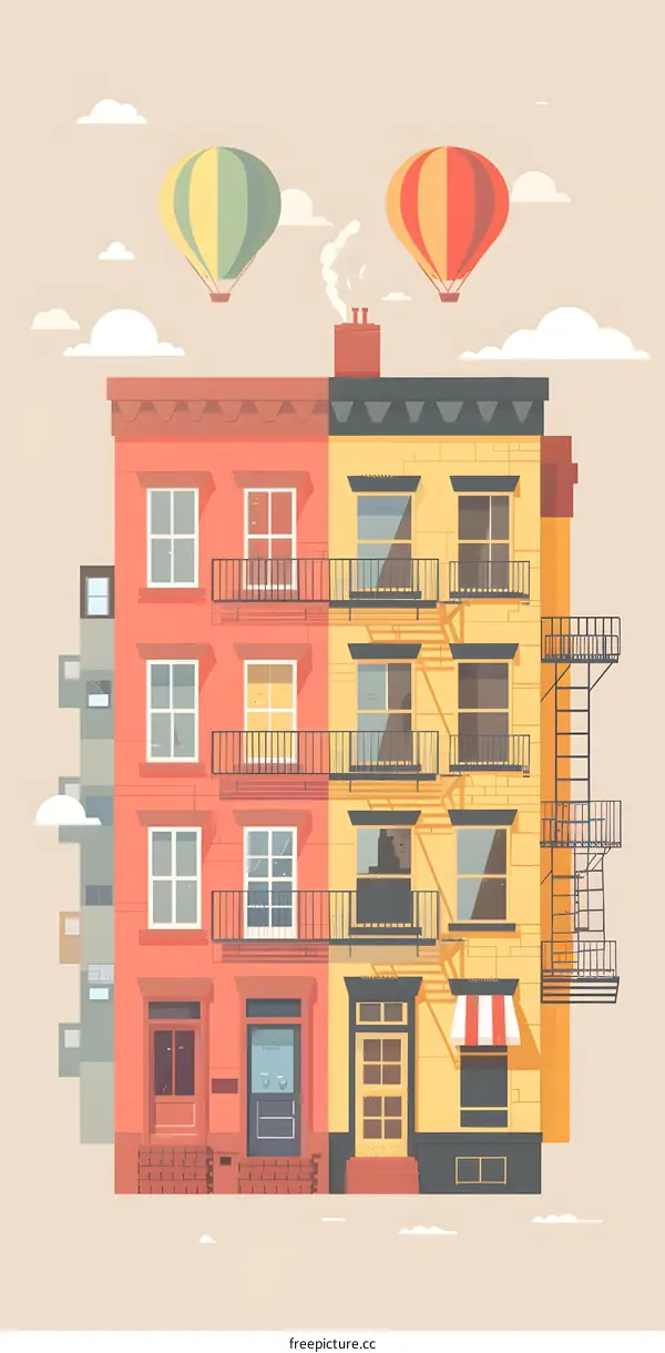 Colorful City Buildings with Hot Air Balloons