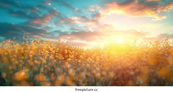 Field of yellow flowers at sunset