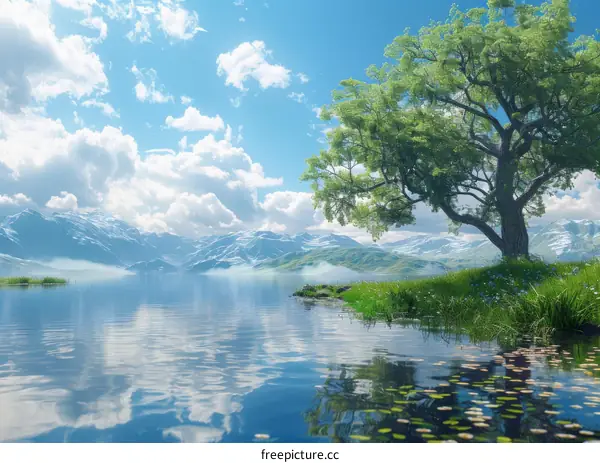 Serene Mountain Lake Landscape Illustration