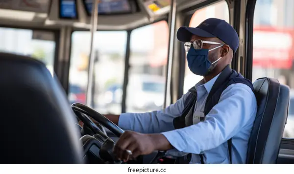 Black bus driver wearing a mask