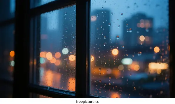 Raindrops on Window Glass with Blurry City Night View