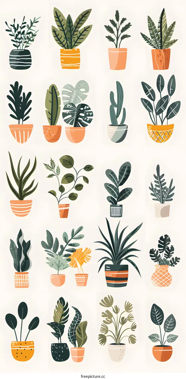 Collection of Hand Drawn House Plants in Pots