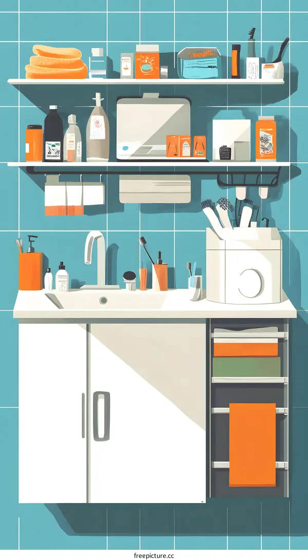 Modern Bathroom Illustration with Blue Tile and White Cabinets