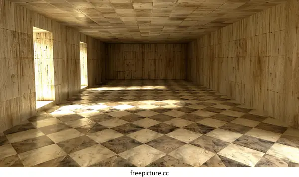 rays of light shining through the two windows of an empty room