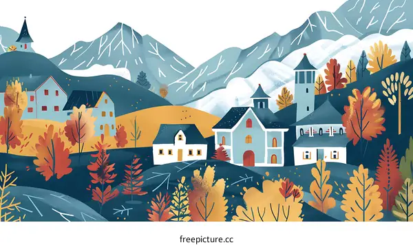 Autumn Village in the Mountains Landscape Illustration