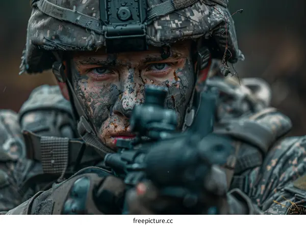 Portrait of a soldier wearing a helmet and holding a gun