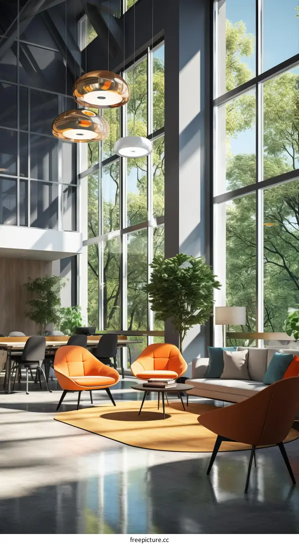 Modern Office Interior with Expansive Windows and Greenery