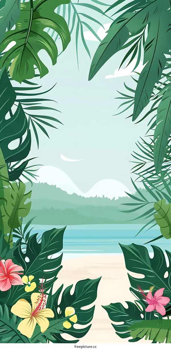 Tropical Leaves Frame With Beach And Ocean View