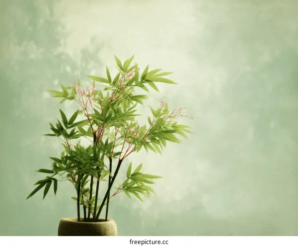 Green Bamboo Plant in a Pot Against a Soft Green Background