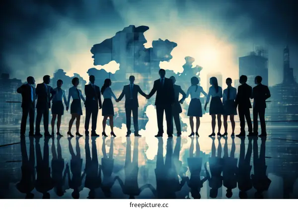 A group of business people holding hands in front of a world map