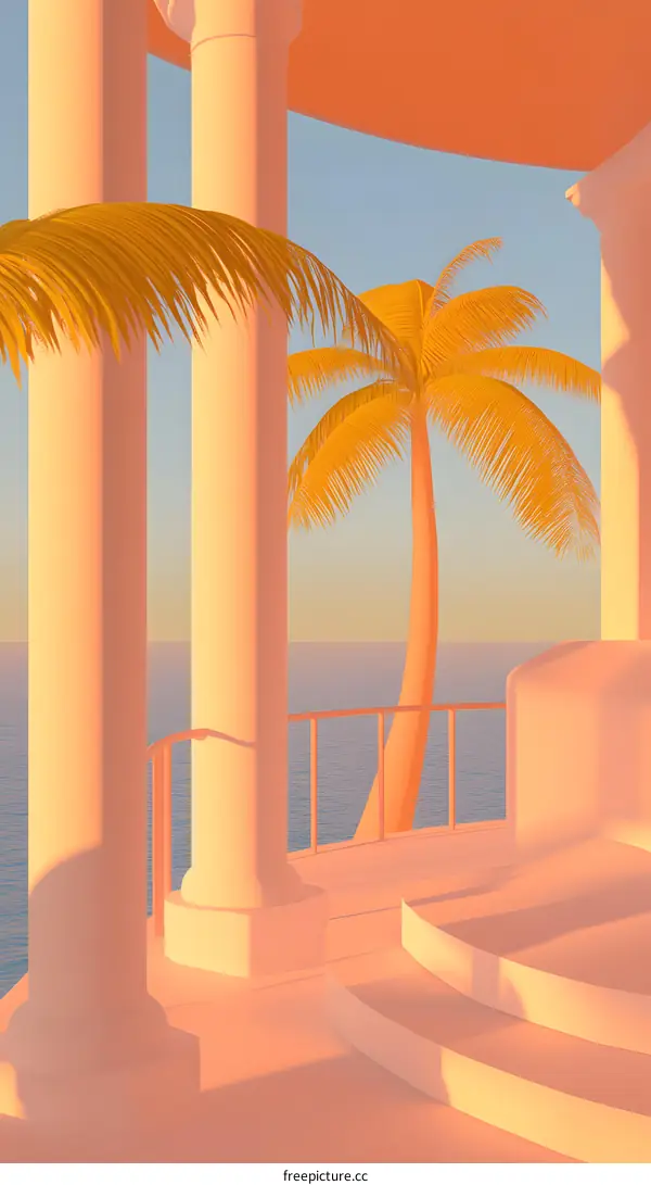Tropical Minimalist Architecture Illustration With Columns And Palm Tree