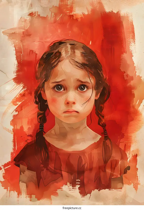 Portrait of a girl with freckles and brown hair wearing a red dress