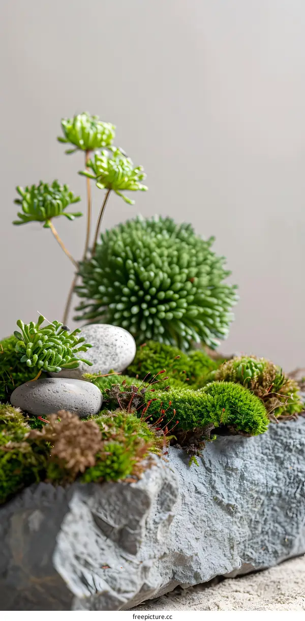 Close Up of Moss and Rocks in a Stone Planter