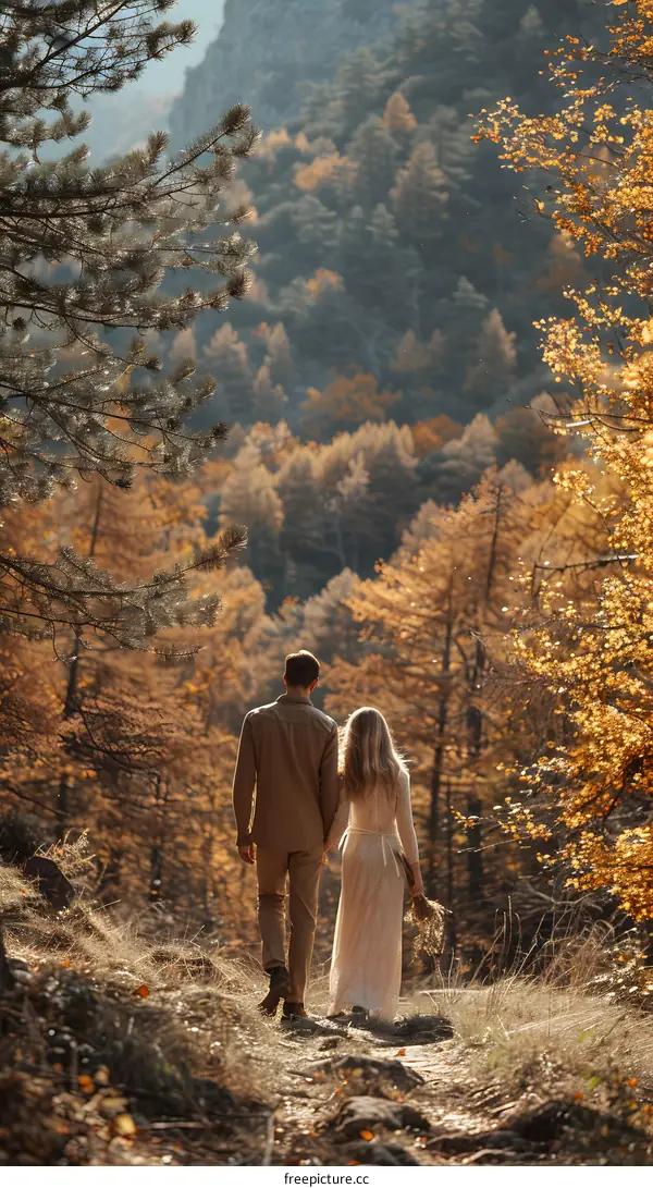 A couple is walking in the woods during autumn