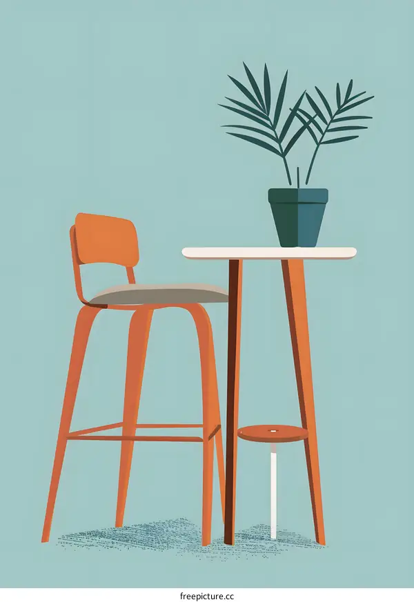 Minimalist Illustration of Orange Chair and Table with Plant