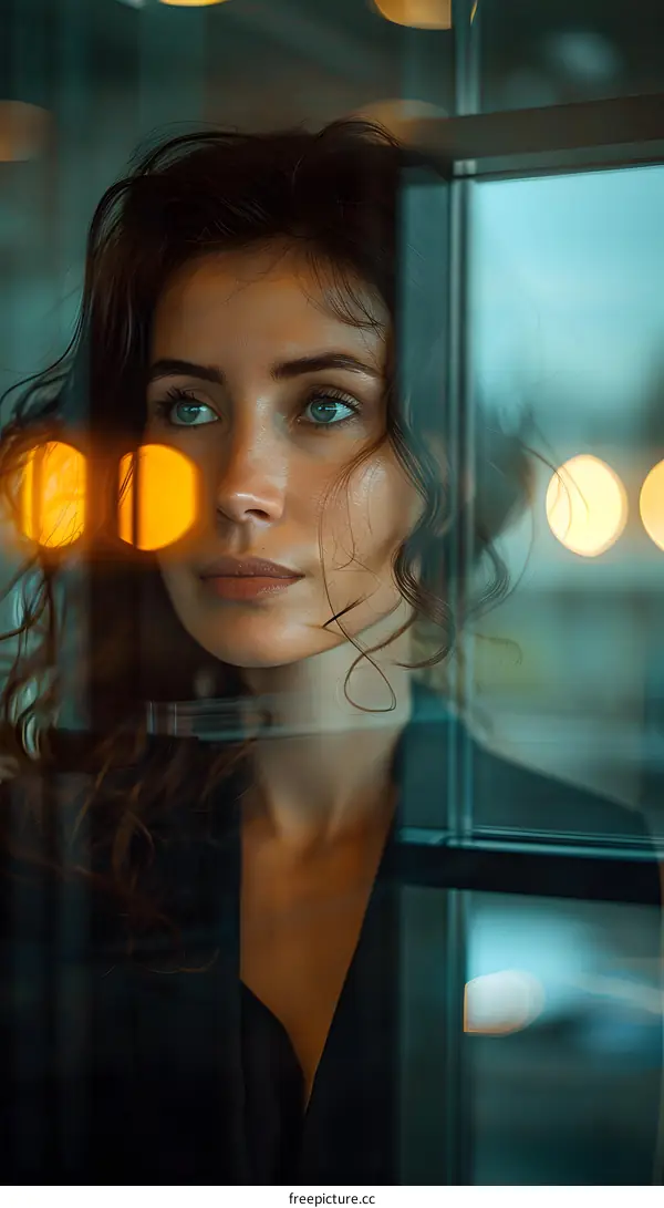 Portrait of a beautiful young woman looking through a glass window
