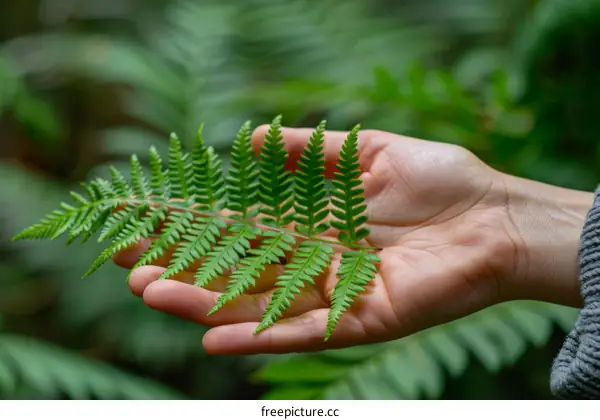 A hand holding a frond of a fern