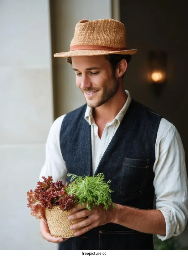 Man Holding Fresh Herbs in Basket