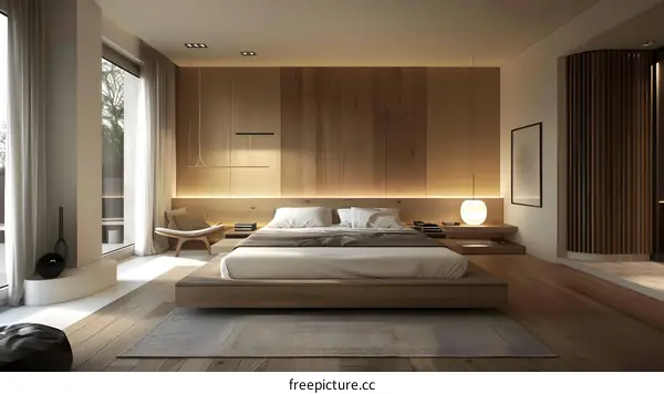 Modern Minimalist Bedroom Interior Design With Wooden Walls And Floor