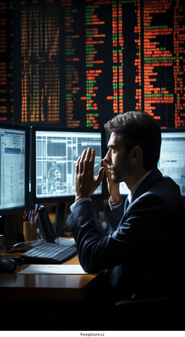 worried male stock trader monitoring multiple computer screens