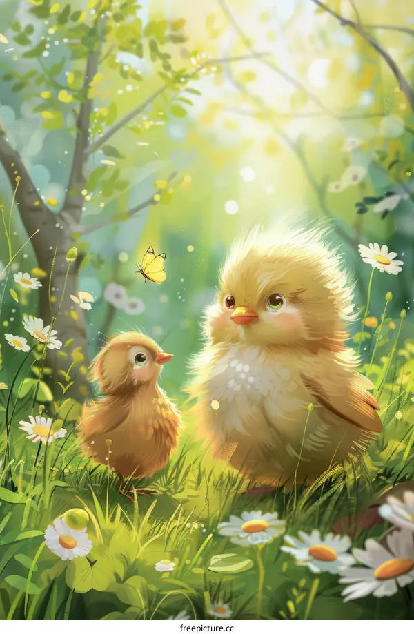 Two Cute Chicks in a Sunny Meadow