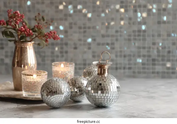 Elegant Silver Disco Balls and Candles on a Gray Surface