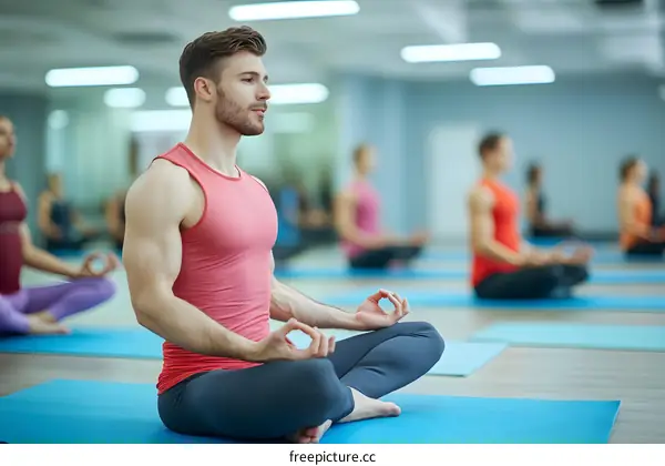 Man Practicing Yoga in Meditation Pose During Yoga Class