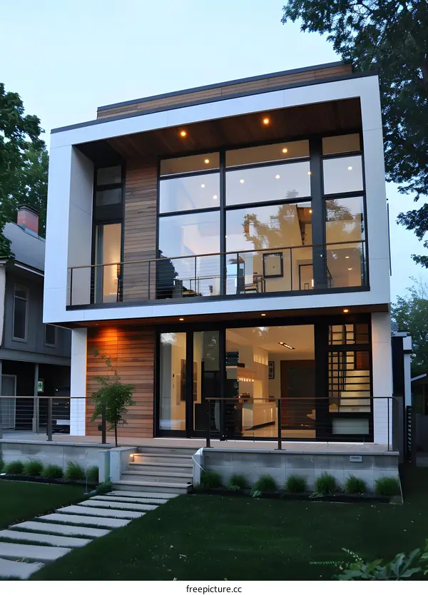 Modern House with Large Windows and a Wooden Deck
