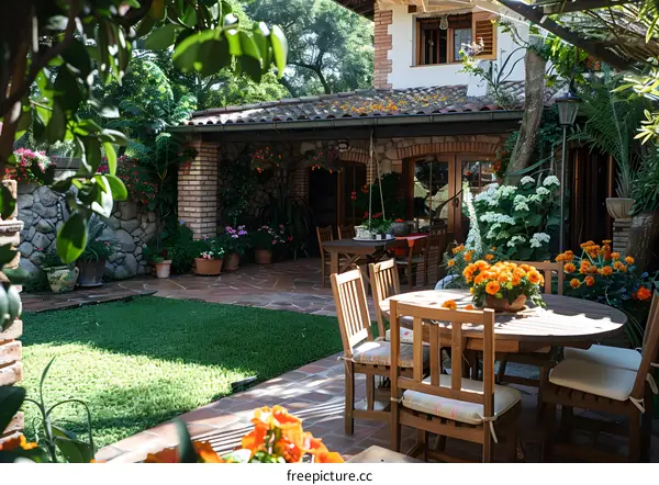 Courtyard of a Spanish villa with flowers and a table set for lunch