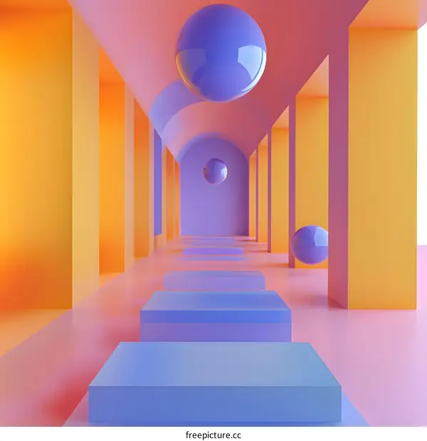 Abstract 3D Render of Colorful Hallway With Blue Spheres and Platform