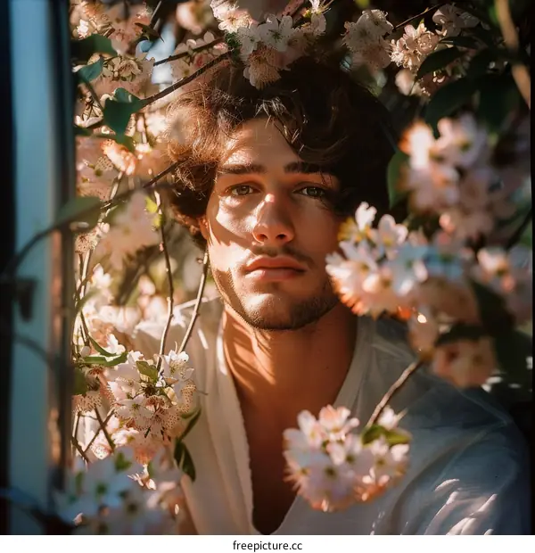 A young man standing in a garden of flowers