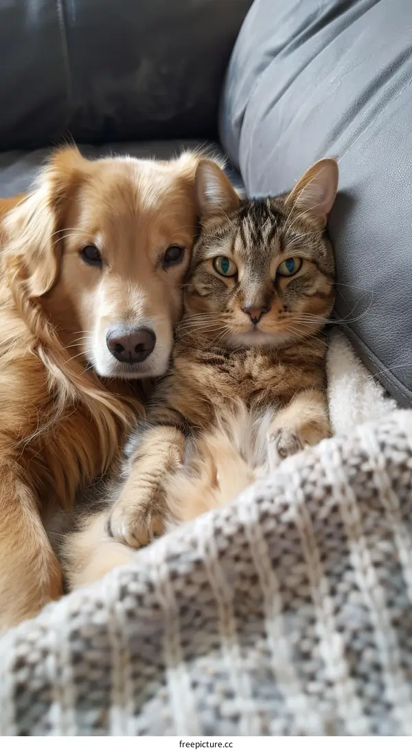 A Golden Retriever and a tabby cat are lying together on a couch.