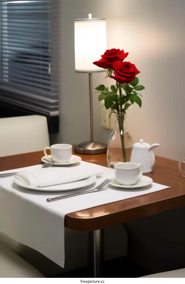 A table set for two with a vase of red roses