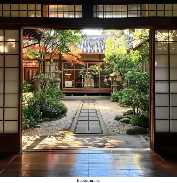 Japanese courtyard with a view of a traditional house and garden