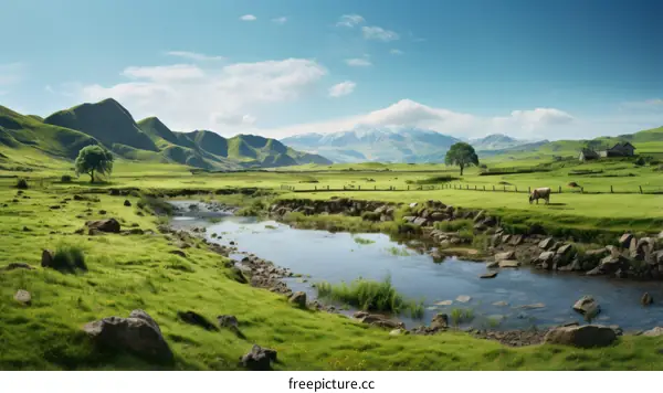 Cows Graze in Serene Field by River with Mountains
