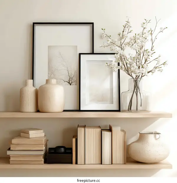 Home Decor Shelf Arrangement with Pictures and Vases