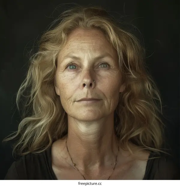 portrait of a blonde woman with blue eyes